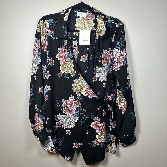 NWT Emelia Large Black Blue White‎ Pink Floral Long Sleeve Wrap Blouse Top - Picture 1 of 4